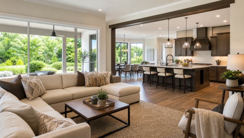Open floor plan wall removal with lush greenery in background