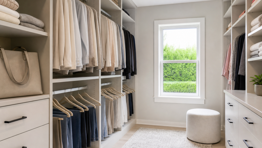 Well-organized closet showcasing custom closet systems by Houston Cabinets